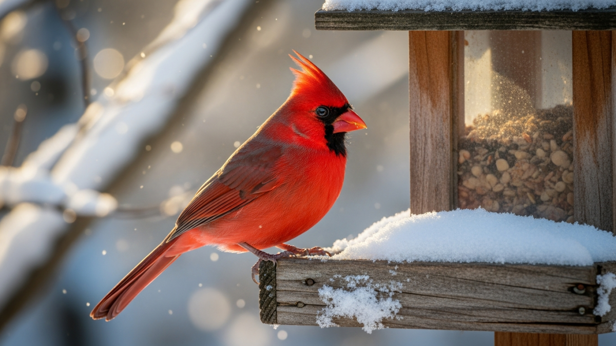 Male northern cardinal with bright red plumage perched on a snow-covered bird feeder in winter