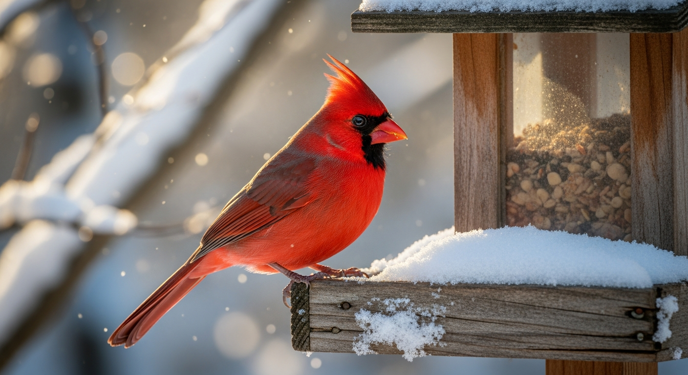 Male northern cardinal with bright red plumage perched on a snow-covered bird feeder in winter