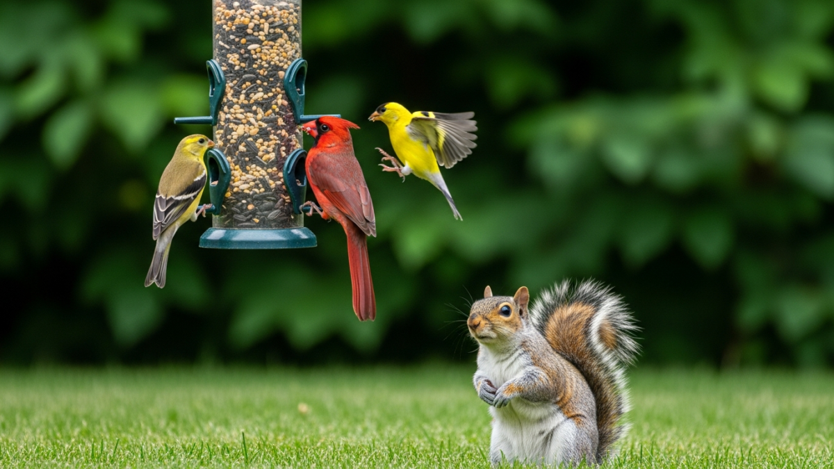 A tube bird feeder with a cardinal and finches feeding while a gray squirrel sits below looking up in a green backyard