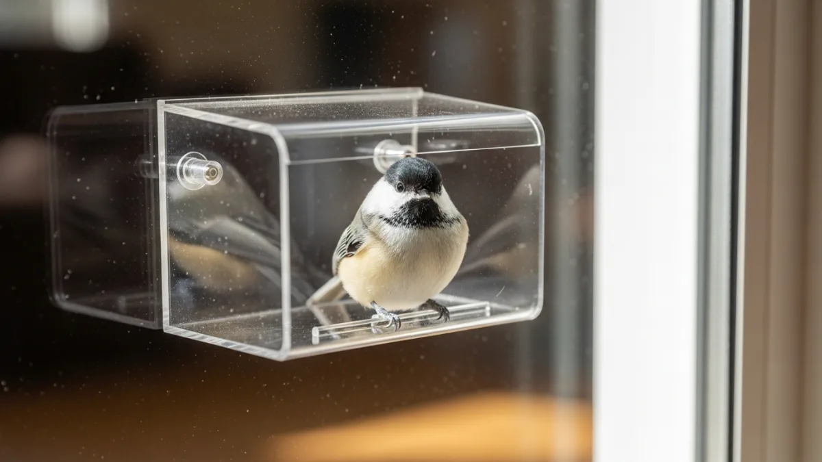A clear acrylic window-mounted bird feeder with a chickadee perched, viewed from inside a sunny suburban home