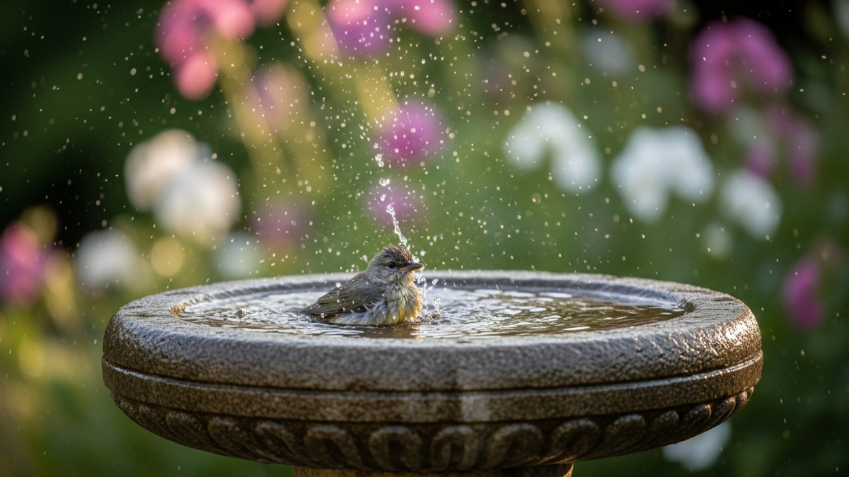 A stone bird bath in a flowering garden with a bird bathing, water droplets splashing in soft morning light