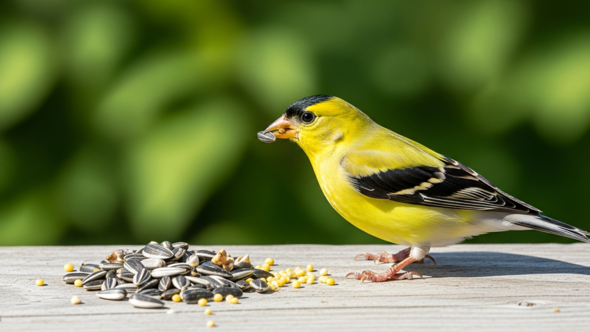 An American goldfinch eating sunflower seeds on a wooden surface outdoors in natural light