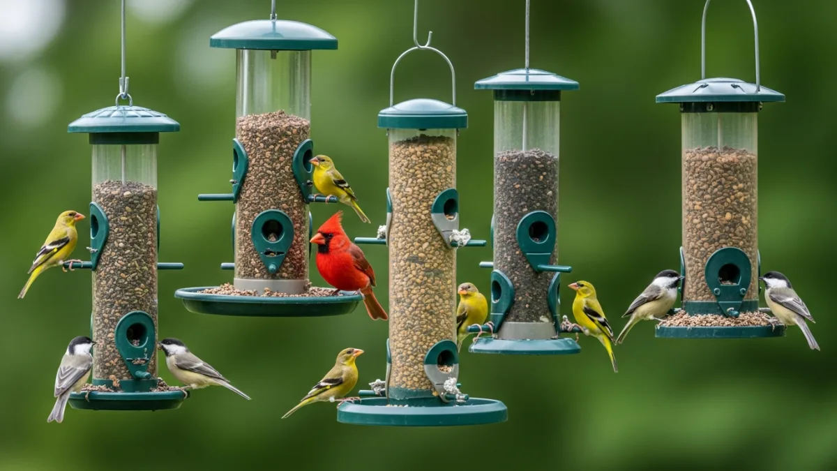 Multiple bird feeders hanging with cardinals, yellow finches and chickadees feeding together in a backyard