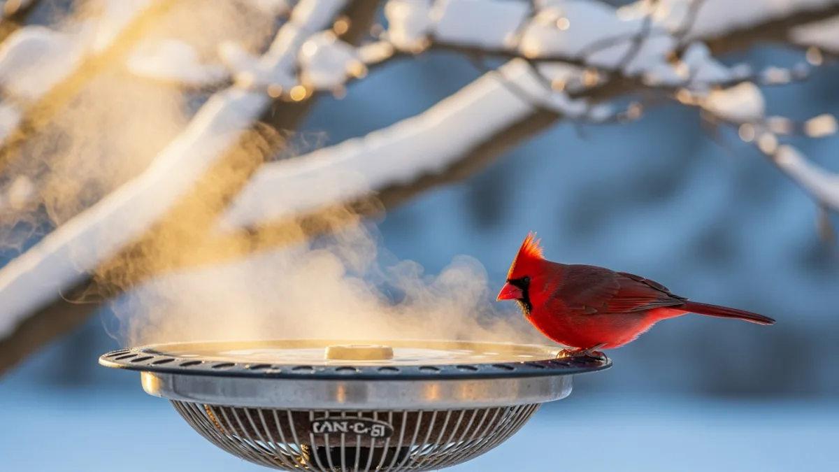A heated bird bath in a snowy winter backyard with steam rising and a bright red cardinal drinking at the edge