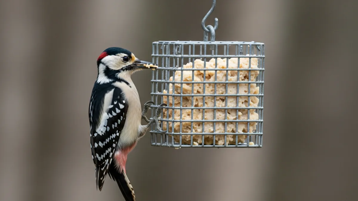 A downy woodpecker clinging to a wire suet cage feeder eating suet in a natural woodland setting