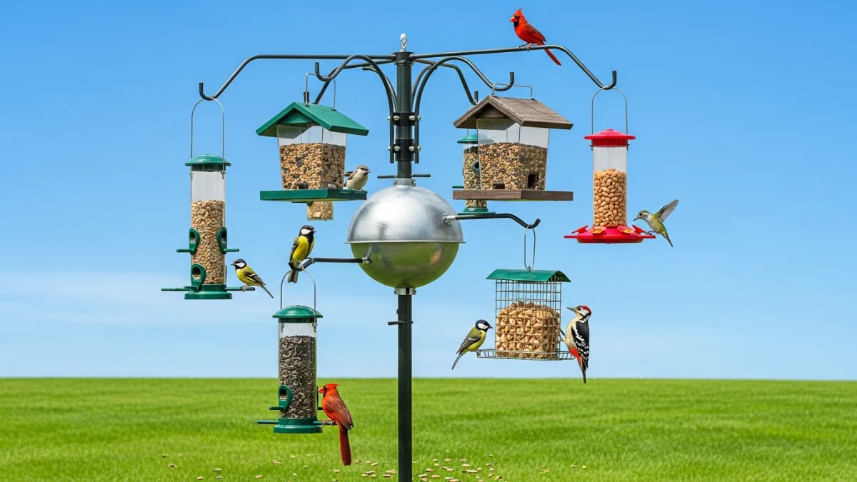 A metal bird feeder pole system with dome baffle and multiple feeders on a green lawn with blue sky background