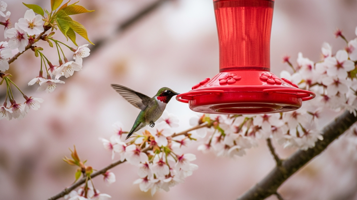 A hummingbird arriving at a red nectar feeder in early spring surrounded by cherry blossoms and fresh green leaves