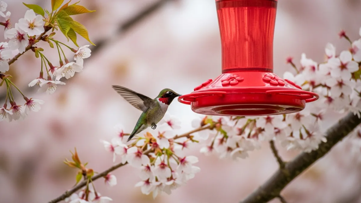 A hummingbird arriving at a red nectar feeder in early spring surrounded by cherry blossoms and fresh green leaves