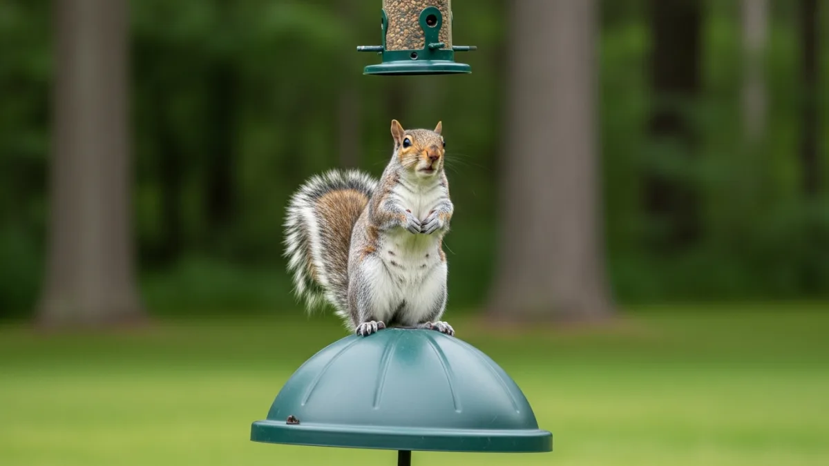 A gray squirrel sitting on a dome baffle looking up at a bird feeder above, unable to reach it