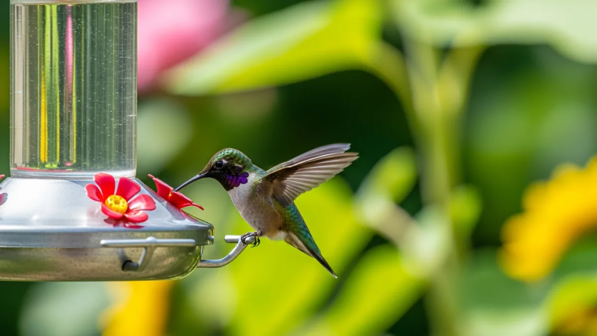 A ruby-throated hummingbird hovering and feeding at a glass hummingbird feeder with a lush green garden background
