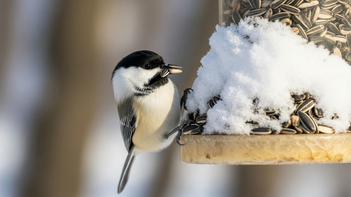 Black-capped chickadee perched on a snow-covered bird feeder with sunflower seeds in winter