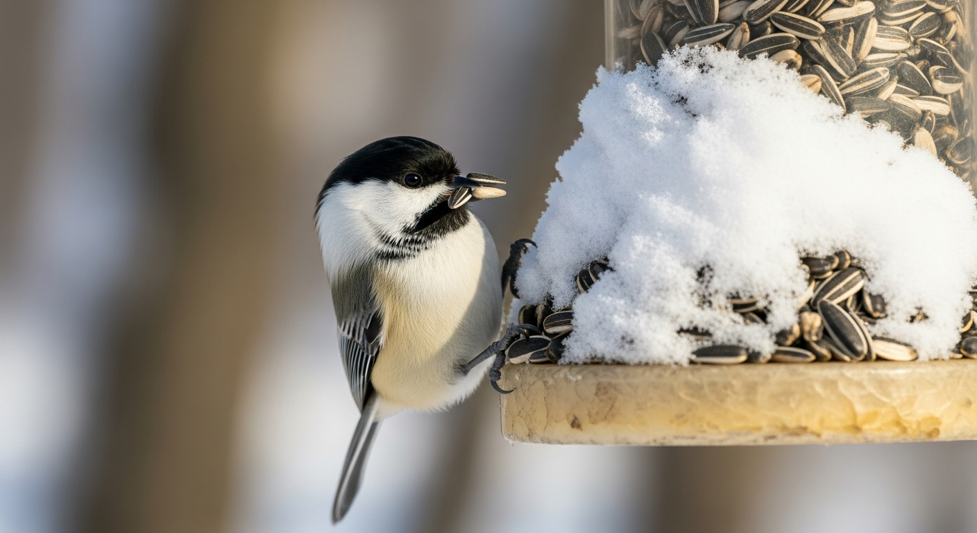 Black-capped chickadee perched on a snow-covered bird feeder with sunflower seeds in winter