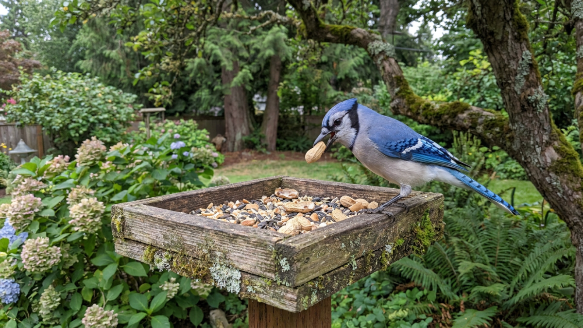 attract blue jays with peanuts on a platform feeder