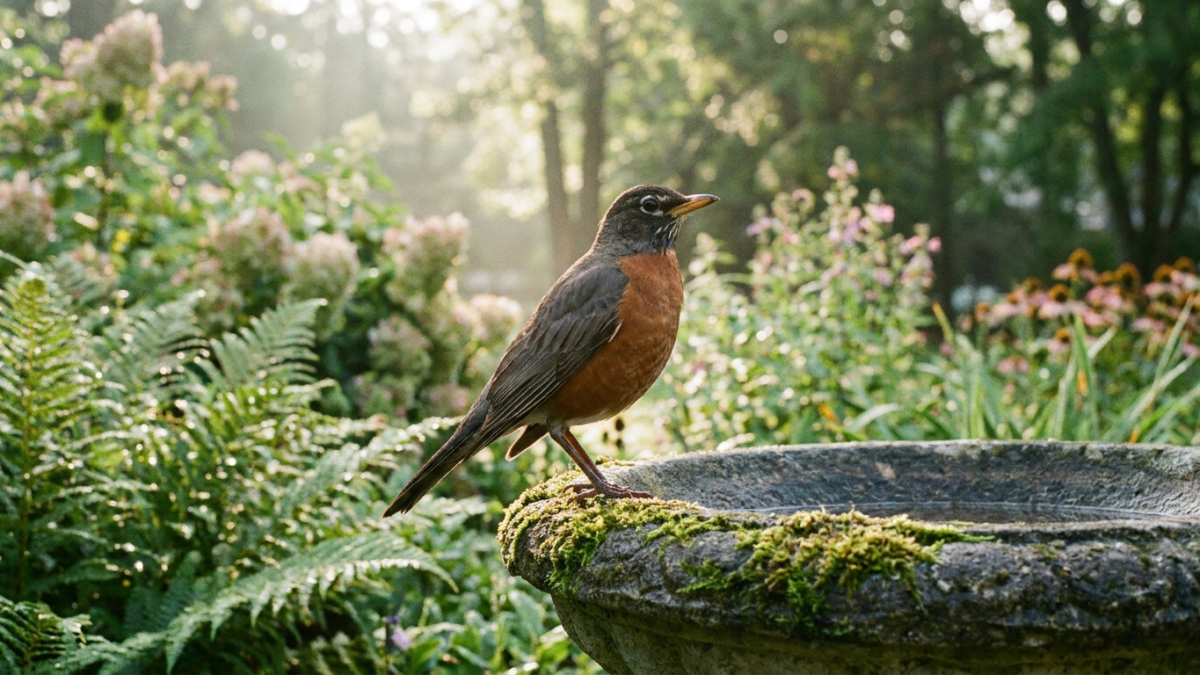 attract robins shown by an American robin perched on a backyard bird bath