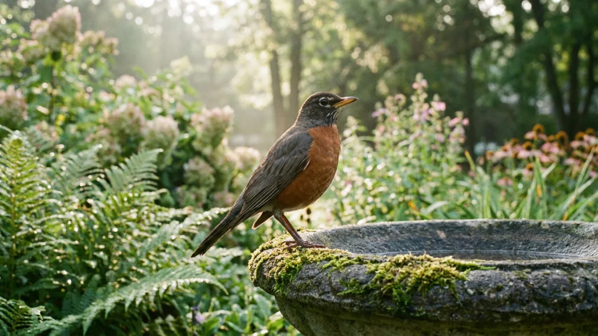 attract robins shown by an American robin perched on a backyard bird bath