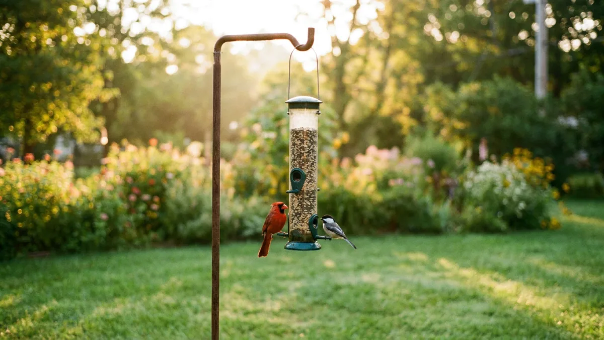 Bird feeder hung at the right height on a pole with birds perched