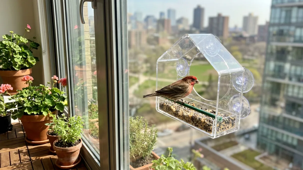 Clear window-mounted bird feeder on a balcony glass door with a small finch feeding