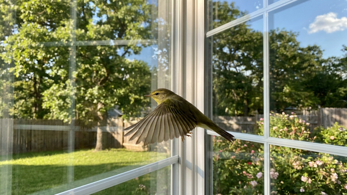 Songbird flying near a house window with reflective glass showing trees and sky