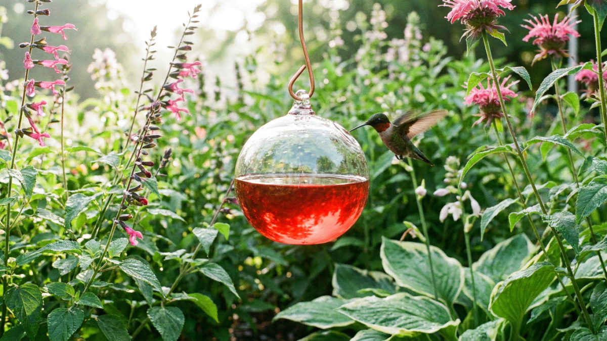 Clean glass hummingbird feeder with fresh nectar hanging in a garden