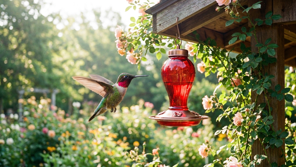 Ruby-throated hummingbird hovering at a red nectar feeder, showing how hummingbirds remember feeders each year
