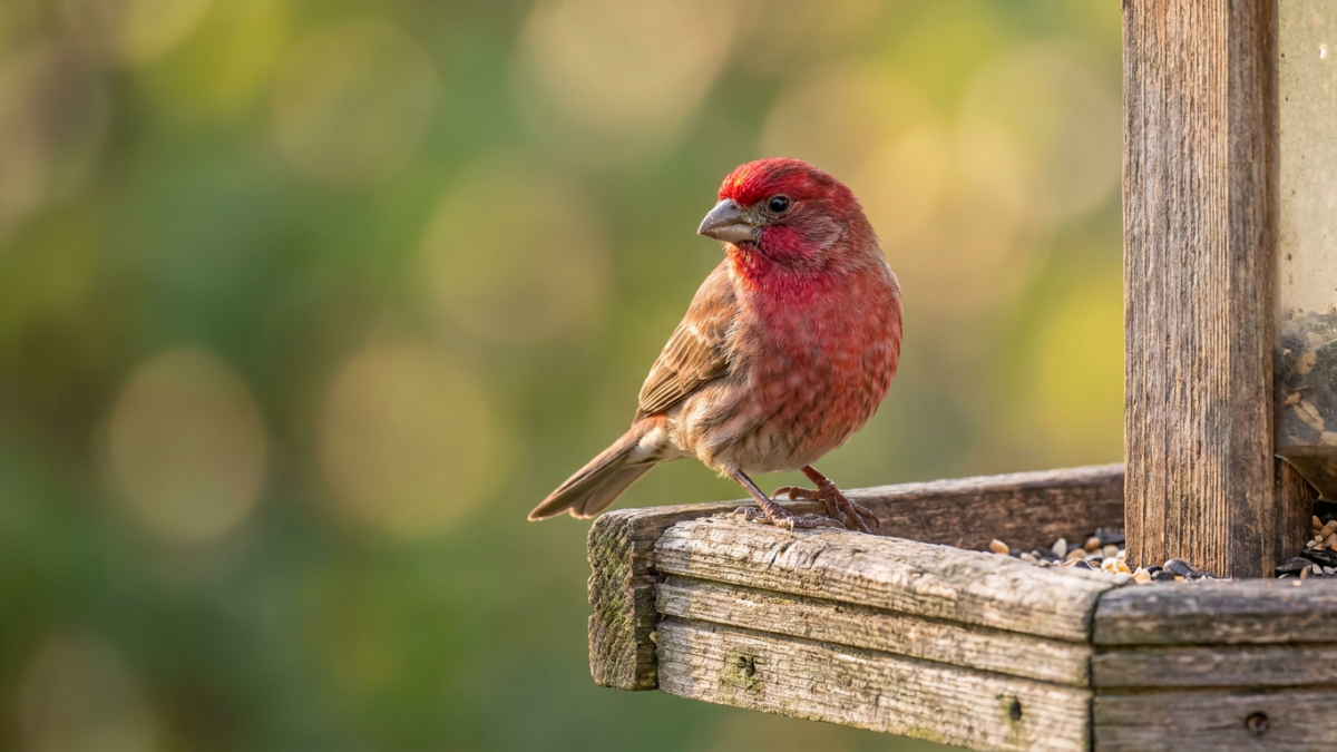 Male house finch perched on a backyard feeder showing red head and chest