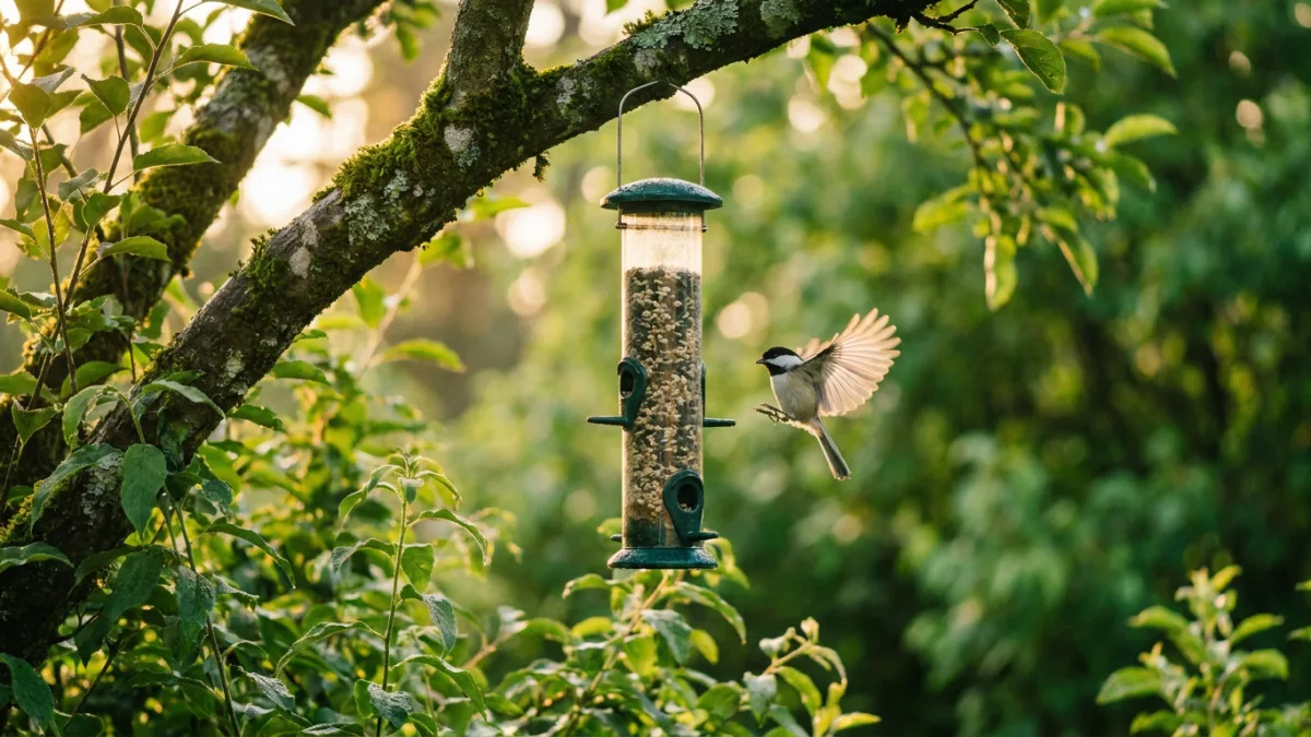 A small songbird approaching a newly hung backyard tube feeder