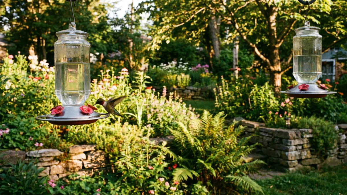 How many hummingbird feeders: two nectar feeders hung apart in a backyard with a hummingbird hovering