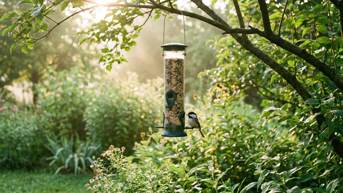 Clean tube bird feeder hanging in a backyard garden with a small songbird