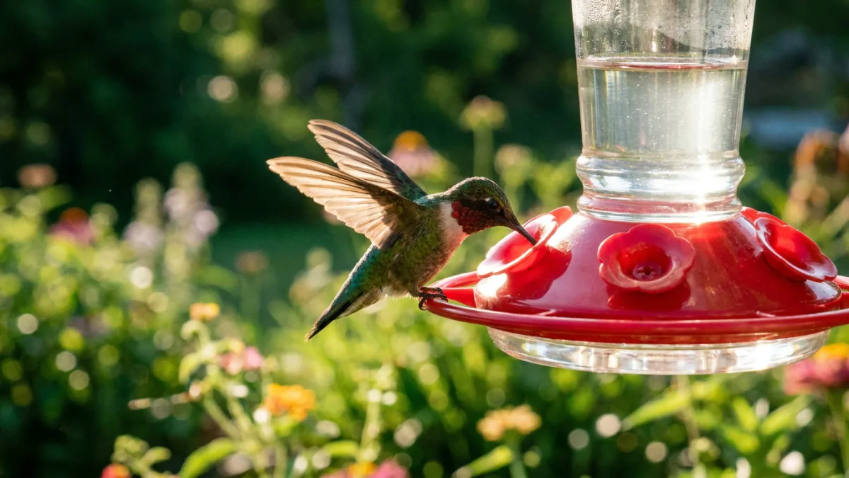 Hummingbird feeding at a red port feeder illustrating the best hummingbird feeder color