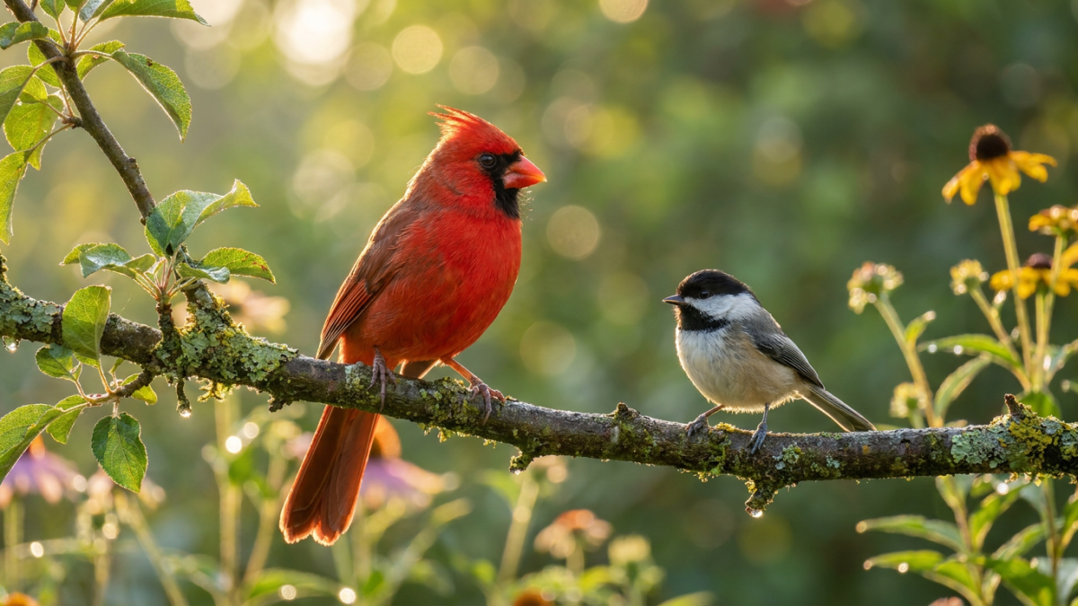 identify birds by song - cardinal and chickadee perched in a backyard