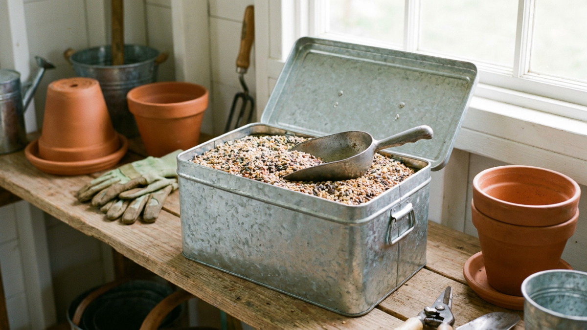 Mixed bird seed poured into an airtight galvanized metal storage container with a scoop on top