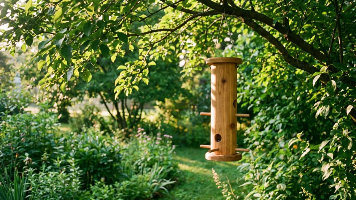 Empty backyard bird feeder hanging in a garden with no birds
