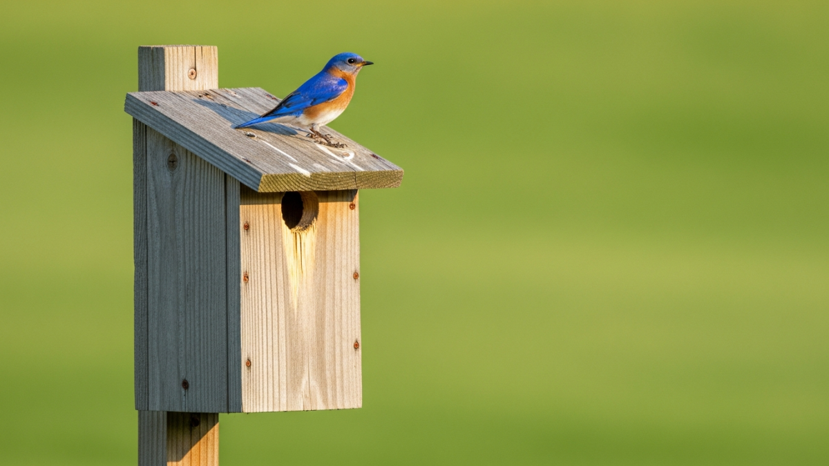 Eastern bluebird perched on a wooden nest box in an open backyard lawn