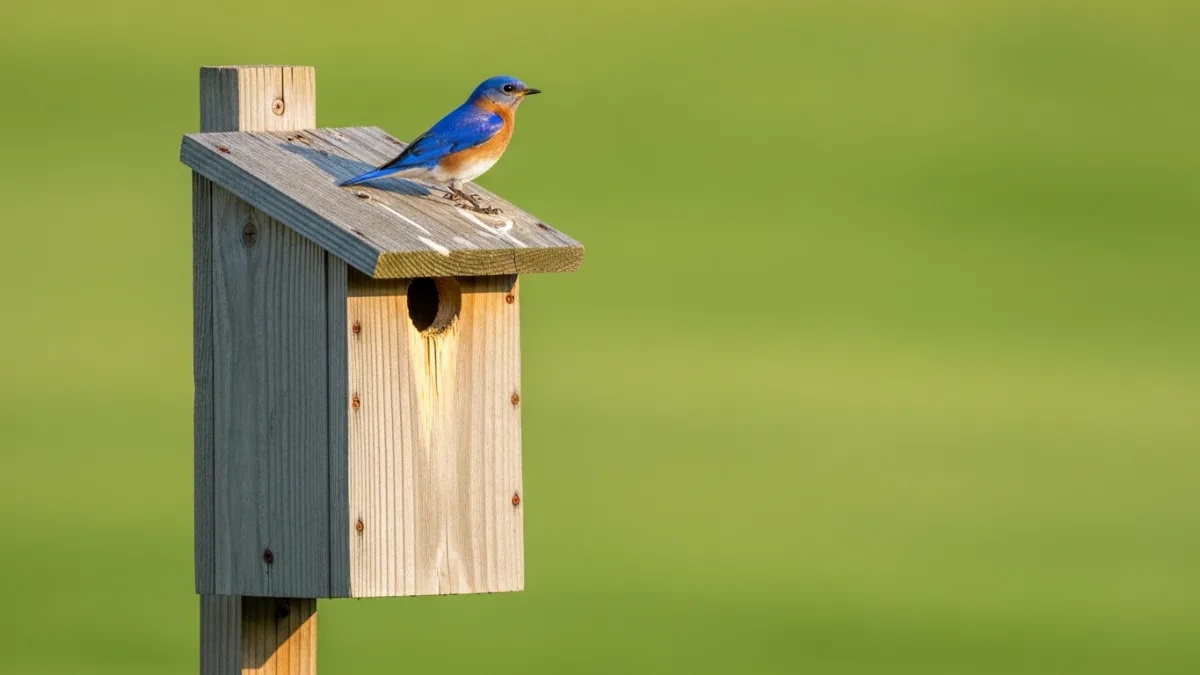 Eastern bluebird perched on a wooden nest box in an open backyard lawn