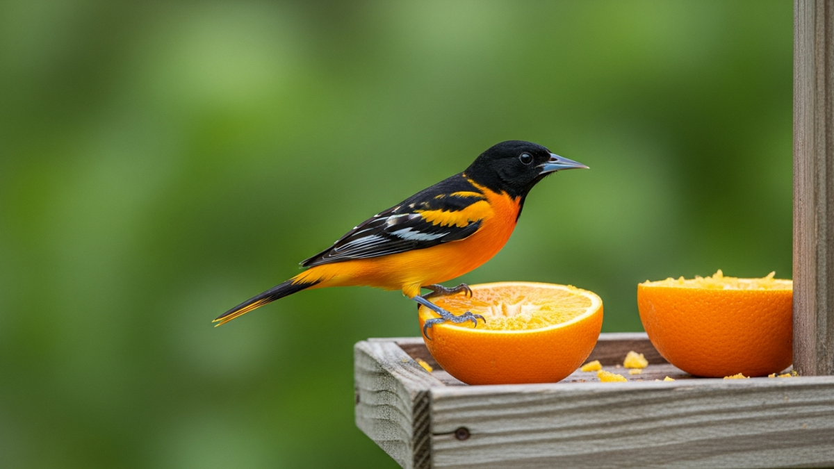 Bright orange Baltimore oriole feeding on orange half at a backyard oriole feeder