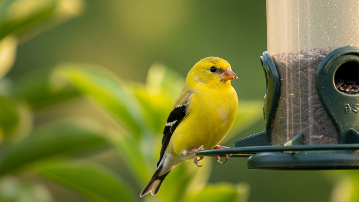 A bright yellow American goldfinch feeding at a nyjer tube feeder in a green yard