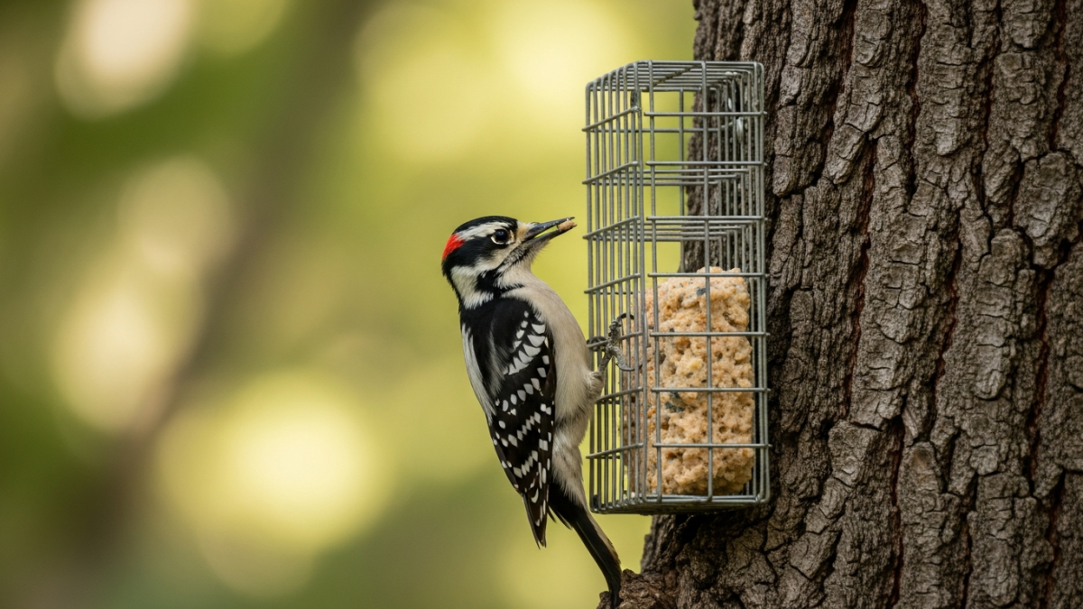 Woodpecker perched on a suet feeder attached to a tree trunk in a backyard