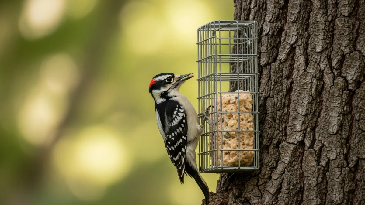 Woodpecker perched on a suet feeder attached to a tree trunk in a backyard