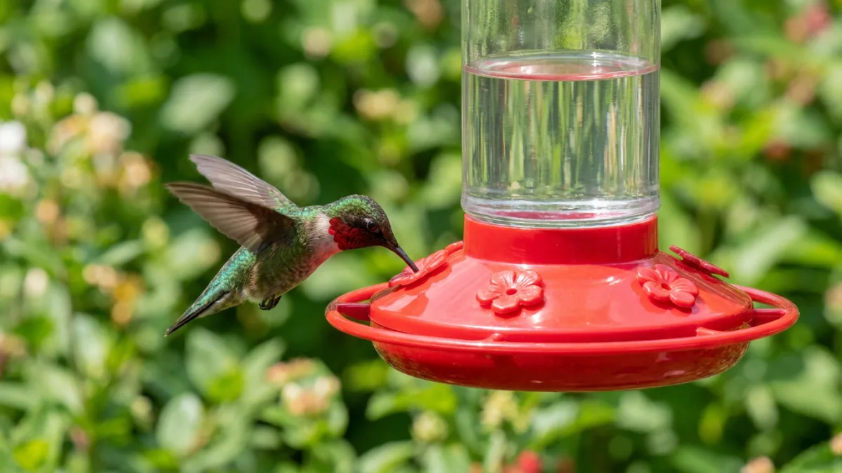 Ruby throated hummingbird feeding at a red glass feeder filled with clear nectar, showing no red dye in hummingbird nectar is needed