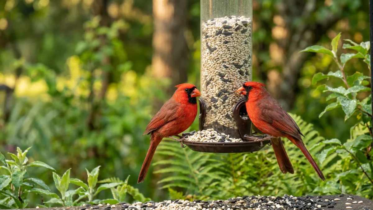 Northern cardinal perched on a feeder full of white safflower seeds beside black sunflower seeds