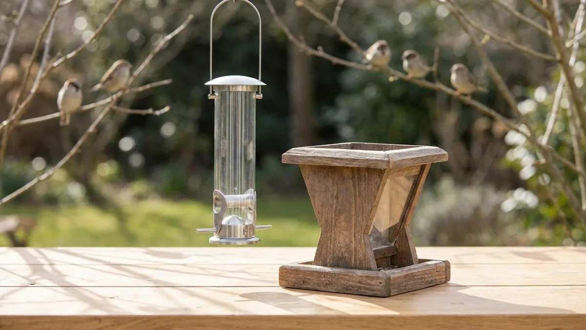 Tube bird feeder and hopper bird feeder side by side in a backyard garden