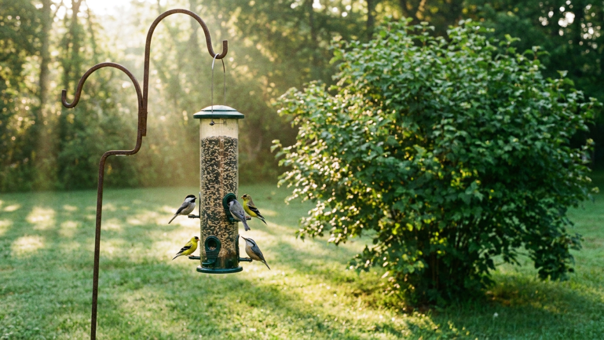 Bird feeder hanging in a backyard the right distance from cover