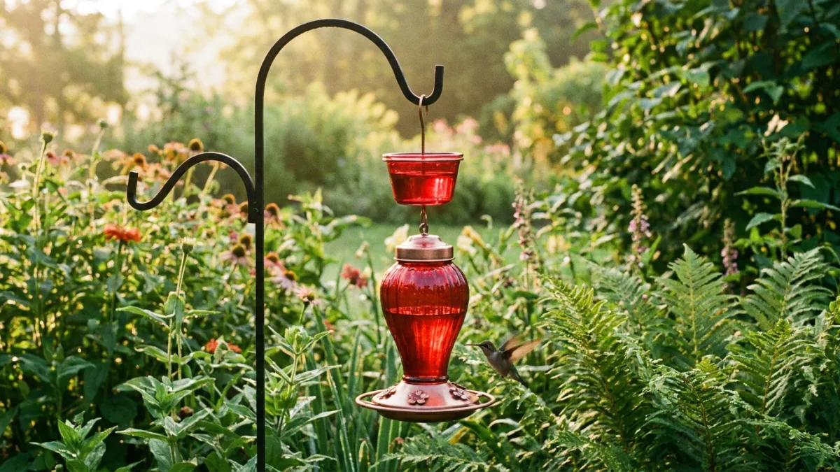 Water filled ant moat hanging above a red hummingbird feeder, the reliable fix for ants on a hummingbird feeder