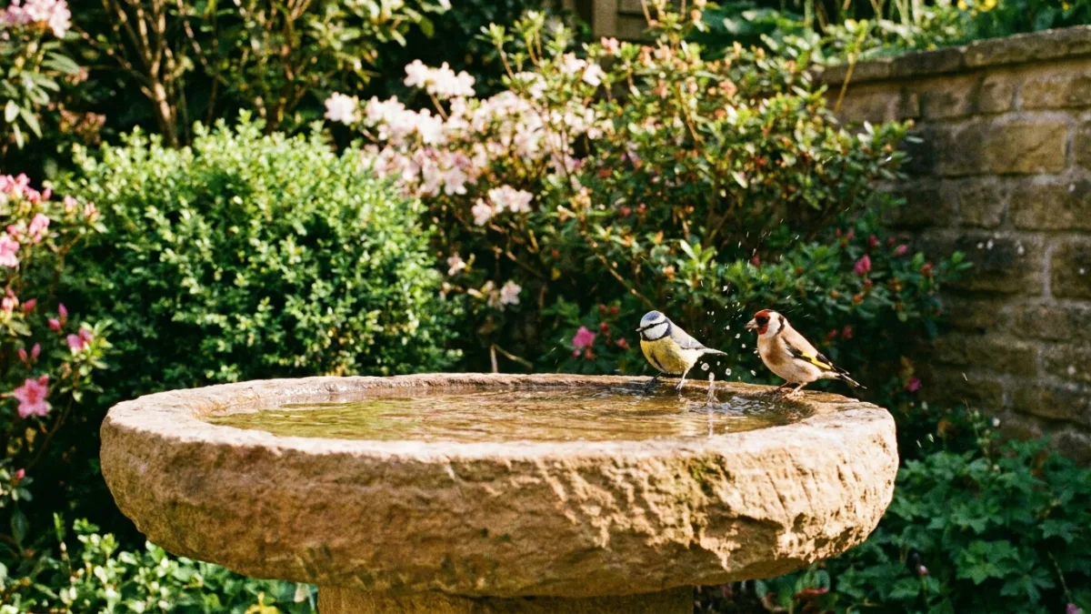bird bath with shallow water and two songbirds bathing at the textured stone edge