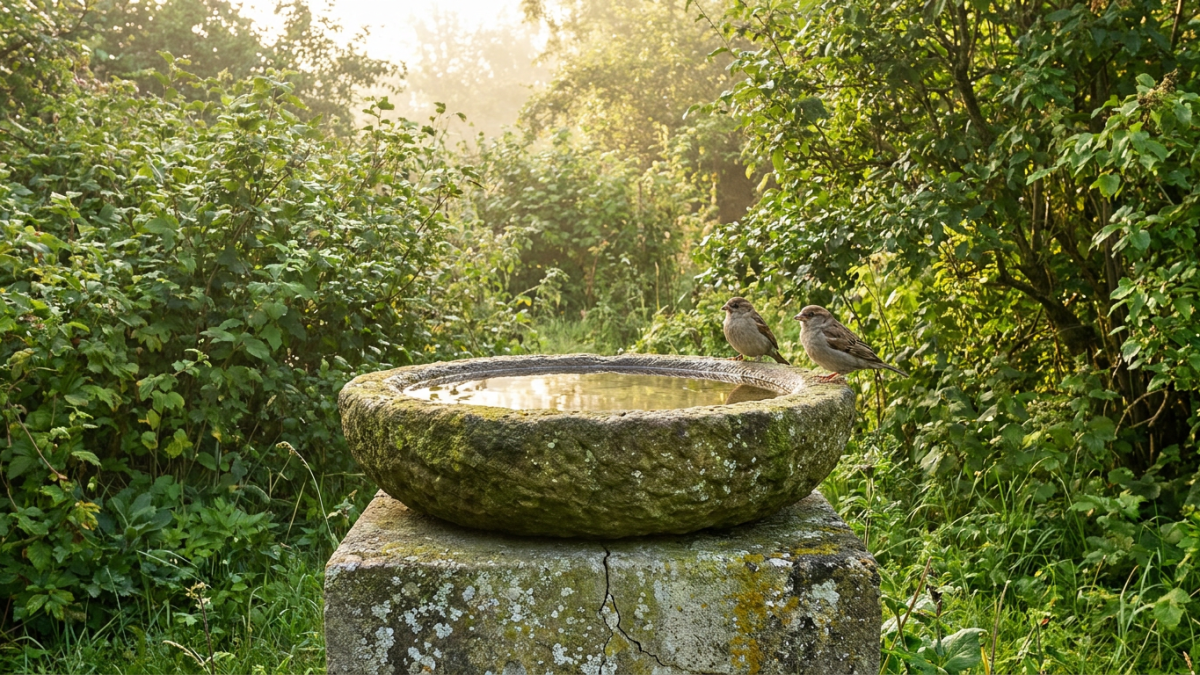 Replacement bird bath bowl seated on a stone pedestal holding shallow clean water