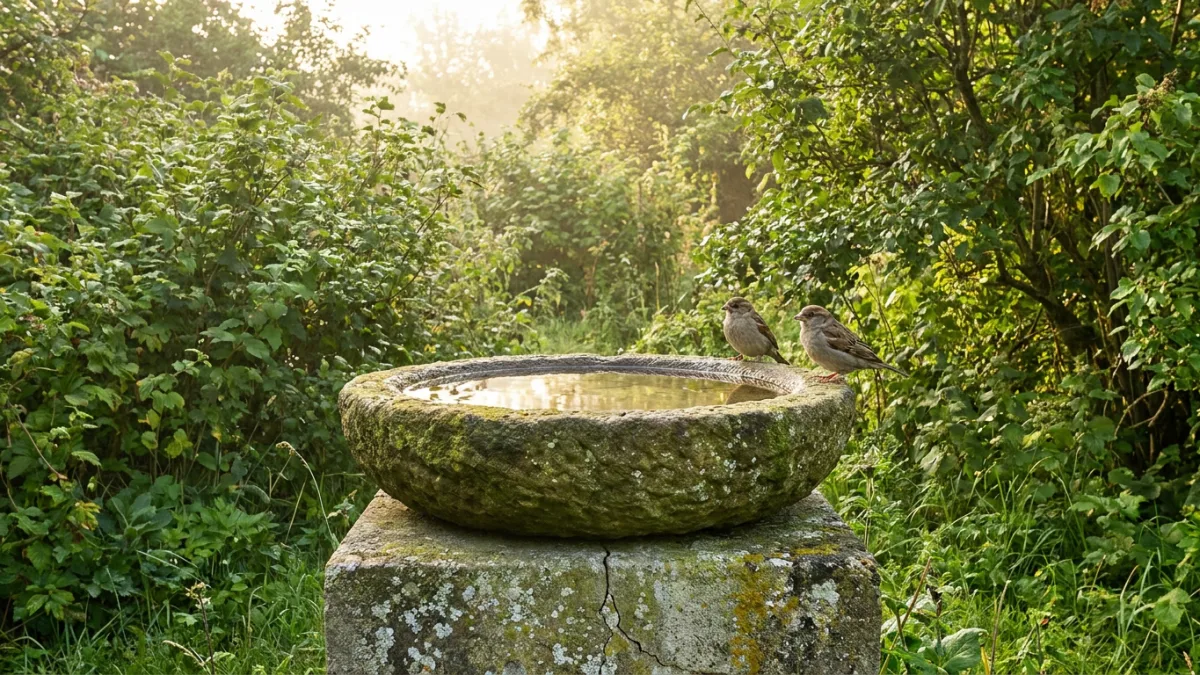 Replacement bird bath bowl seated on a stone pedestal holding shallow clean water