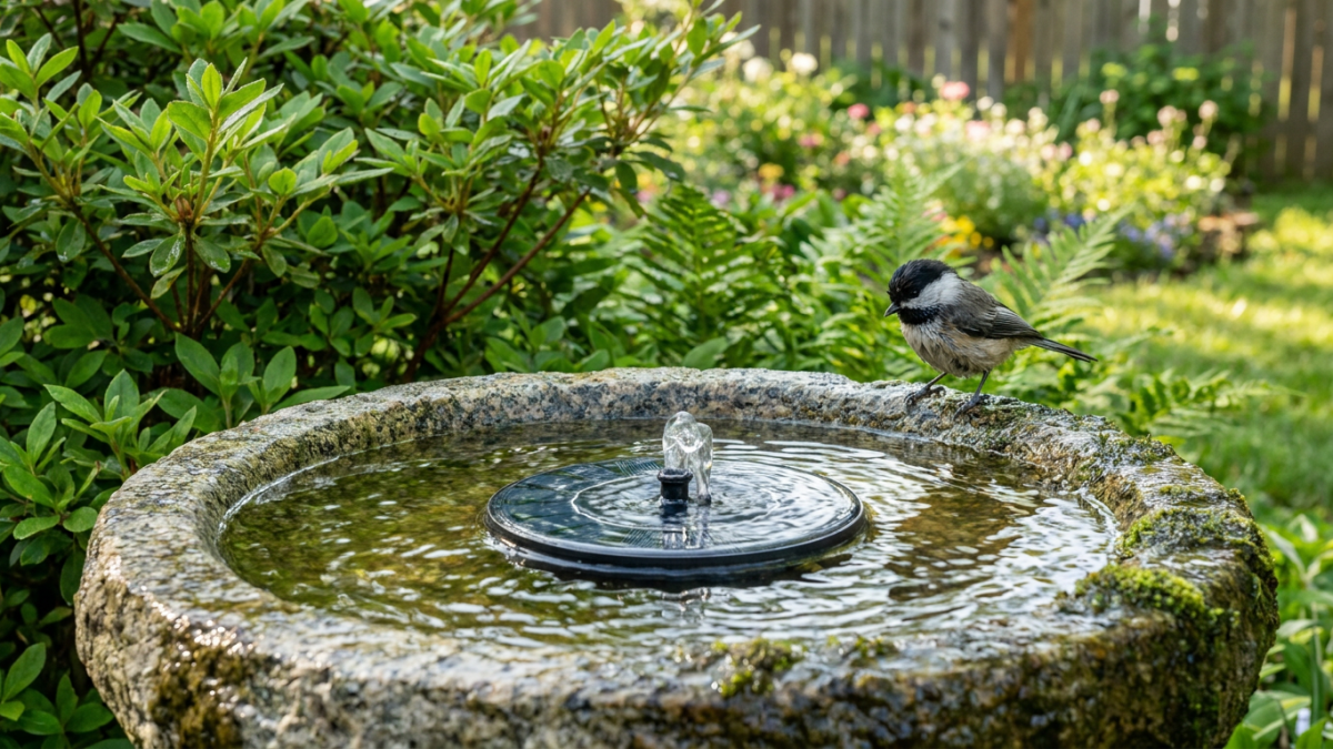 Bird bath fountain bubbling in a stone basin with a small songbird perched on the rim