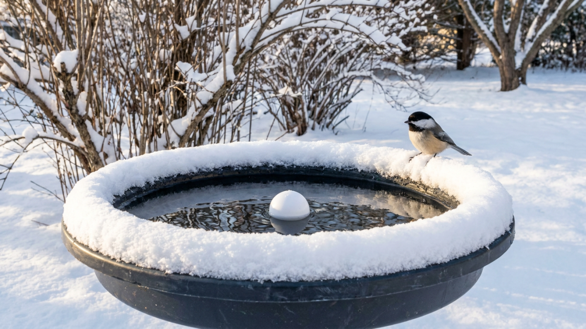 Bird bath freezing no electricity: dark shallow bird bath with open water and a floating ball in a snowy winter yard