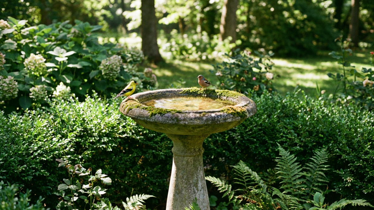 Bird bath placement: stone pedestal bird bath in dappled shade beside a shrub border with finches on the rim