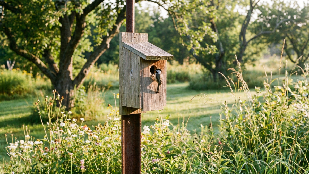 bird house with chickadee at the entrance hole